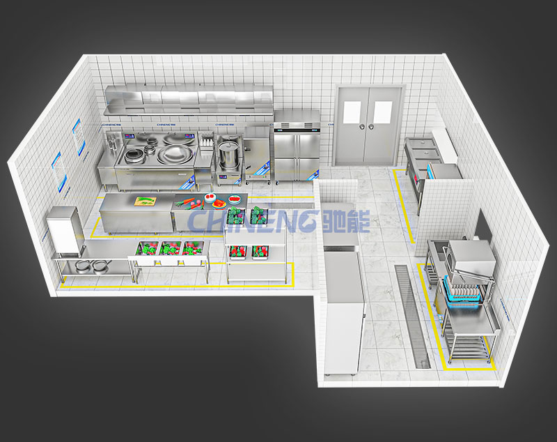 50-100Unit Canteen Kitchen 3D Rendering