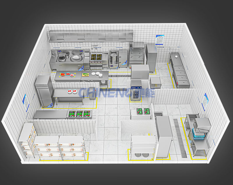 100-150Unit Canteen Kitchen 3D Rendering